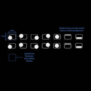 May include: A sheet of clear stickers with various shapes and sizes. The stickers are shown on a black background to illustrate how they would look when applied. The sheet includes circles, squares, and a shape that resembles a mountain range. The dotted line around one of the stickers indicates the outline of the sticker.