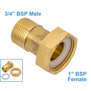 May include: Brass plumbing adapter with a 3/4 inch BSP male thread on one end and a 1 inch BSP female thread on the other end. The adapter is designed to connect two pipes with different sizes.