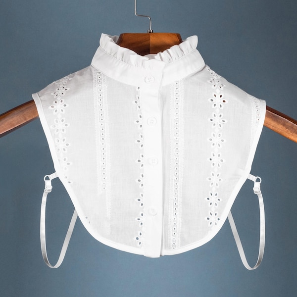 White Cotton Ruffle False Upright Collar Embroidery Design For Women Girls Ladies Collared Button Shirt Bust Turtle Neck Top Floral Blouse