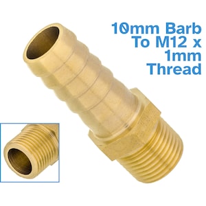 Könnte beinhalten: Messing-Schlauchanschluss mit 10 mm Barb zu M12 x 1 mm Gewinde. Der Anschluss hat ein Gewindeende und ein Barb-Ende zum Anschließen von Schläuchen.