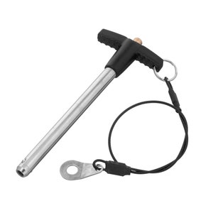 May include: A black and silver T-handle pin with a black cord and a metal ring. The pin is used for securing items.