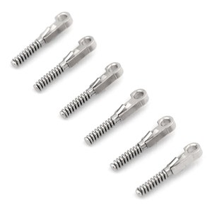 May include: Six silver-toned metal cord ends arranged in a diagonal line. Each piece features a cylindrical spring-like coil body with a flat, circular loop at the top end for attachment, showcasing a metallic finish and a uniform industrial design.