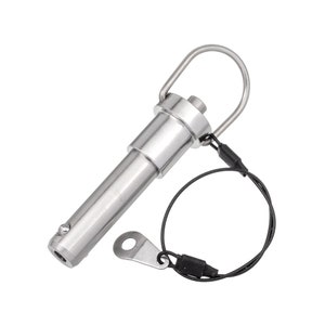 May include: A silver metal quick release pin with a loop handle and a black cord attached. The pin has a ball detent on the end.
