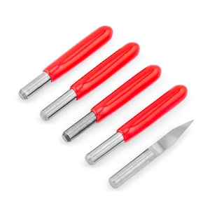 May include: Five red and silver carving tools with a single silver carving tool on a white background.