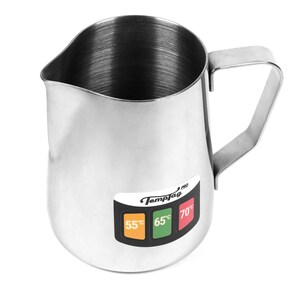 May include: A stainless steel milk frothing pitcher with a TempTag Pro sticker showing temperature markings of 55&deg;C, 65&deg;C, and 70&deg;C.