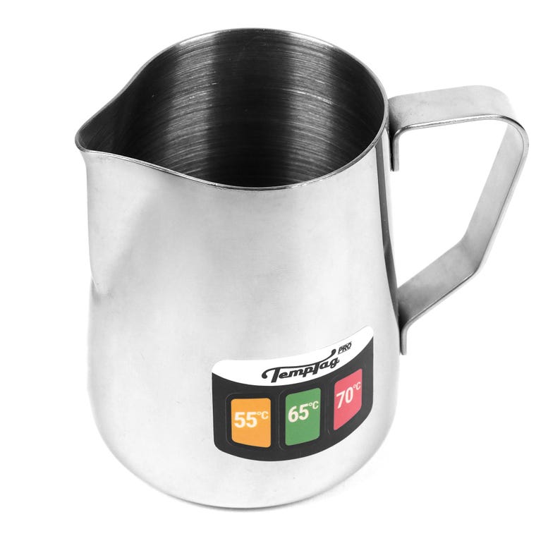 May include: A stainless steel milk frothing pitcher with a TempTag Pro sticker showing temperature markings of 55&deg;C, 65&deg;C, and 70&deg;C.