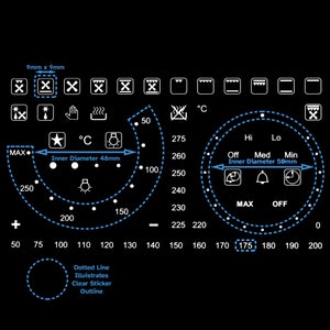 Pode incluir: Um painel de controle de forno preto e branco com duas botões circulares. O botão esquerdo tem uma linha pontilhada ao redor da borda e números de 50 a 250. O botão direito tem uma linha pontilhada ao redor da borda e números de 0 a 200. Os botões têm texto que diz "Diâmetro interno 48 mm" e "Diâmetro interno 50 mm".