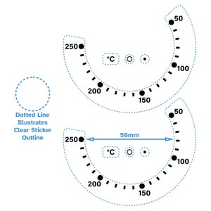May include: A diagram showing two circular temperature gauges with a dotted line outline. The gauges are labelled with numbers from 50 to 250 and have a 50mm diameter. The gauges are labelled in degrees Celsius.
