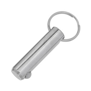 May include: A silver metal spring-loaded pin with a key ring. The pin is cylindrical and has a smooth surface. The key ring is attached to the pin with a small metal loop.