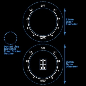 Puede incluir: Dos círculos blancos con los números 2, 3, 4, 6, 7, 8, LO, HI, MED y OFF impresos alrededor del borde exterior. Los círculos están delineados en azul y tienen una línea punteada alrededor del borde interior. El círculo superior tiene un diámetro de 52 mm y el círculo inferior tiene un diámetro de 76 mm.