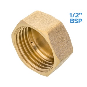 May include: A brass hexagonal pipe fitting with internal threads. The fitting is labeled "1/2" BSP". The fitting is designed for connecting pipes and is made of a durable, corrosion-resistant material.