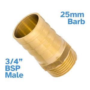 May include: A brass 3/4" BSP male to 25mm barb hose connector. The connector is made of brass and has a 3/4" BSP male thread on one end and a 25mm barb on the other end.
