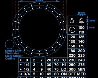 White Text on Clear 60pc Celsius Separate Two Ring 45mm 52mm Dial Oven 60 120 Timer Control Hob Top Knob Decal Stove Sticker Labels