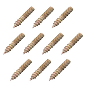 May include: Nine gold-colored screws with a pointed tip and a threaded shaft. The screws are arranged in three rows of three.