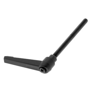 Puede incluir: Abrazadera de palanca de metal negro con un eje roscado y una manija de plástico negro.