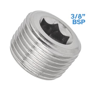 Puede incluir: Un tapón roscado de 3/8 pulgadas BSP de color plateado. El tapón tiene un hueco hexagonal para una llave.