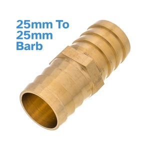 May include: A brass 25mm to 25mm barb fitting. The fitting has a hexagonal shape and is designed to connect two hoses or pipes.