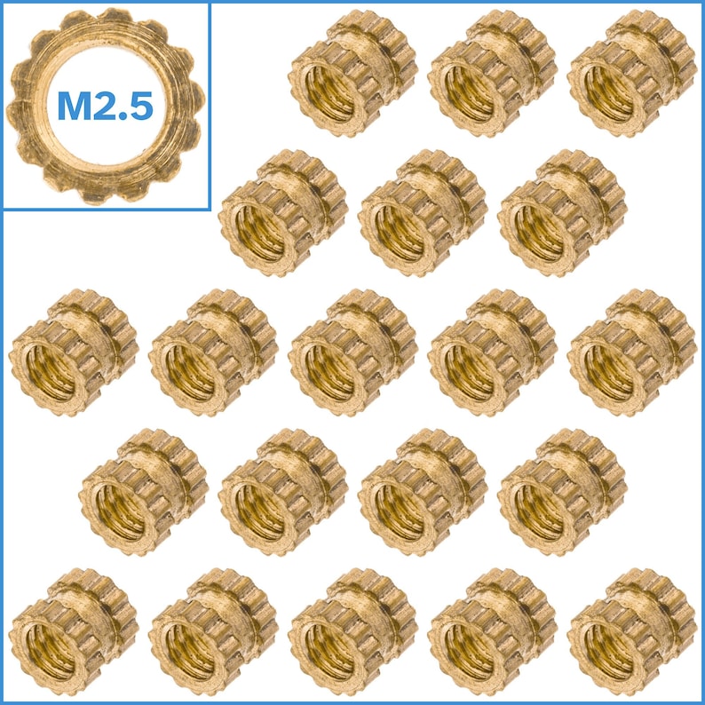 May include: A set of 20 brass threaded inserts, each with a M2.5 thread size. The inserts are designed for use in plastic or wood materials.