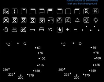 Texto blanco 44 Uds símbolos combinados y etiquetas de temperatura de 50-250 grados fondo transparente estufa horno autoadhesivo dial perilla interruptor pegatina