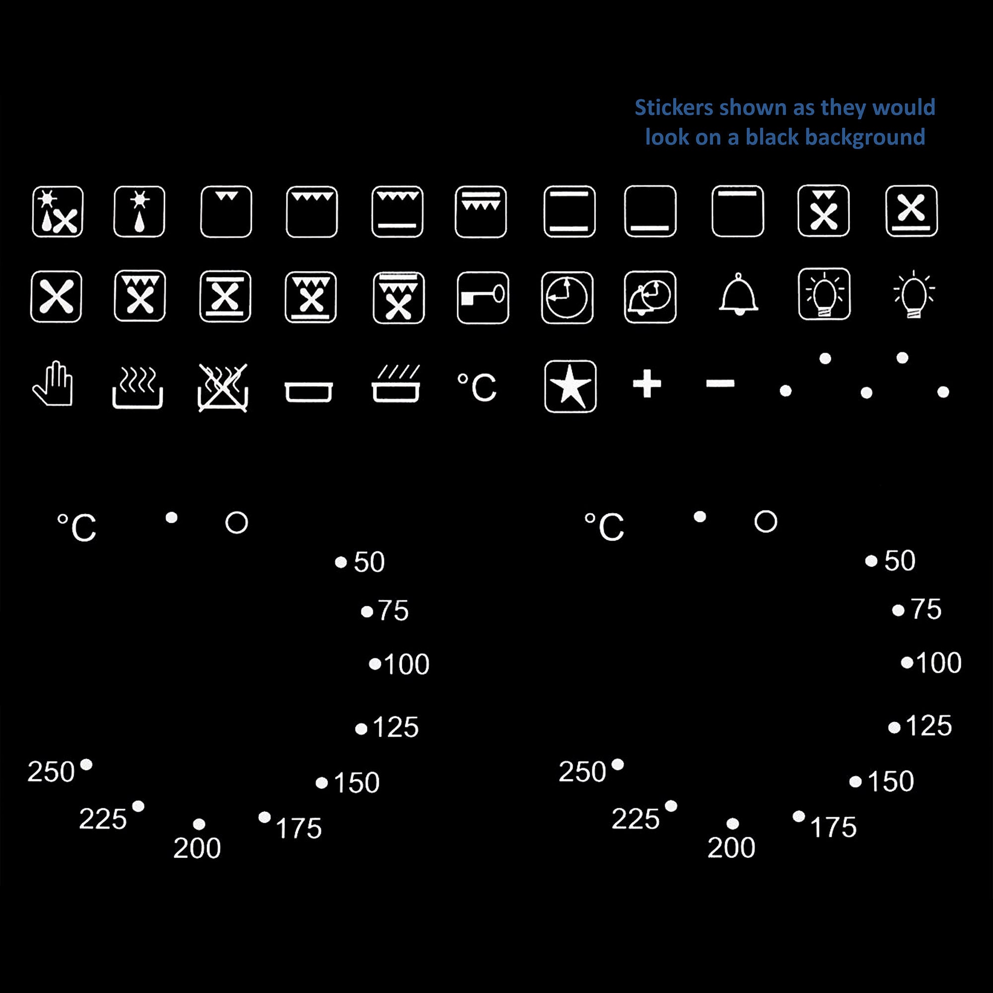 White Text 44pcs Combination Symbols & 50-250 Degree Temperature Labels Clear Background Stove Oven Self Adhesive Dial Knob Switch Sticker