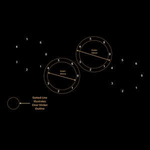 May include: Diagram showing two concentric circles with dotted lines. The inner circle has a diameter of 44mm and the outer circle has a diameter of 54mm. The circles are labelled with numbers 0 through 6. The text "Dotted Line Illustrates Clear Sticker Outline" is also included.