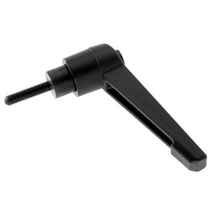 以下が含まれることがあります： 金属製のねじ付きシャフトが付いた黒いプラスチック製のハンドル。ハンドルはまっすぐで平らなデザインで、丸みを帯びた端になっています。