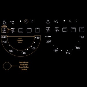 Puede incluir: Un mando de horno blanco sobre fondo negro. El mando tiene una escala de temperatura de 60 a 220 grados Celsius. El mando también tiene símbolos para diferentes funciones del horno, incluyendo un ventilador, una parrilla y una función de horneado. El mando tiene un diámetro de 44 mm.