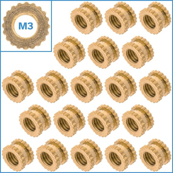 20pcs M3 Thread 3mm x 5mm Knurled Nuts Solid Brass Hand Tighten Double Pass Nut Fasten Fastener Embedded Round Insert Assembly Part Tool