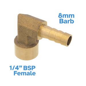 May include: A brass 90-degree elbow fitting with an 8mm barb and a 1/4" BSP female connection. The fitting is designed for connecting hoses and pipes. The text "8mm Barb" and "1/4" BSP Female" are visible.