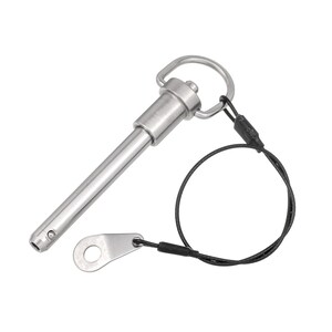 May include: A silver metal pin with a loop and a black cord attached. The pin has a spring-loaded mechanism and is designed to be used as a quick release fastener.