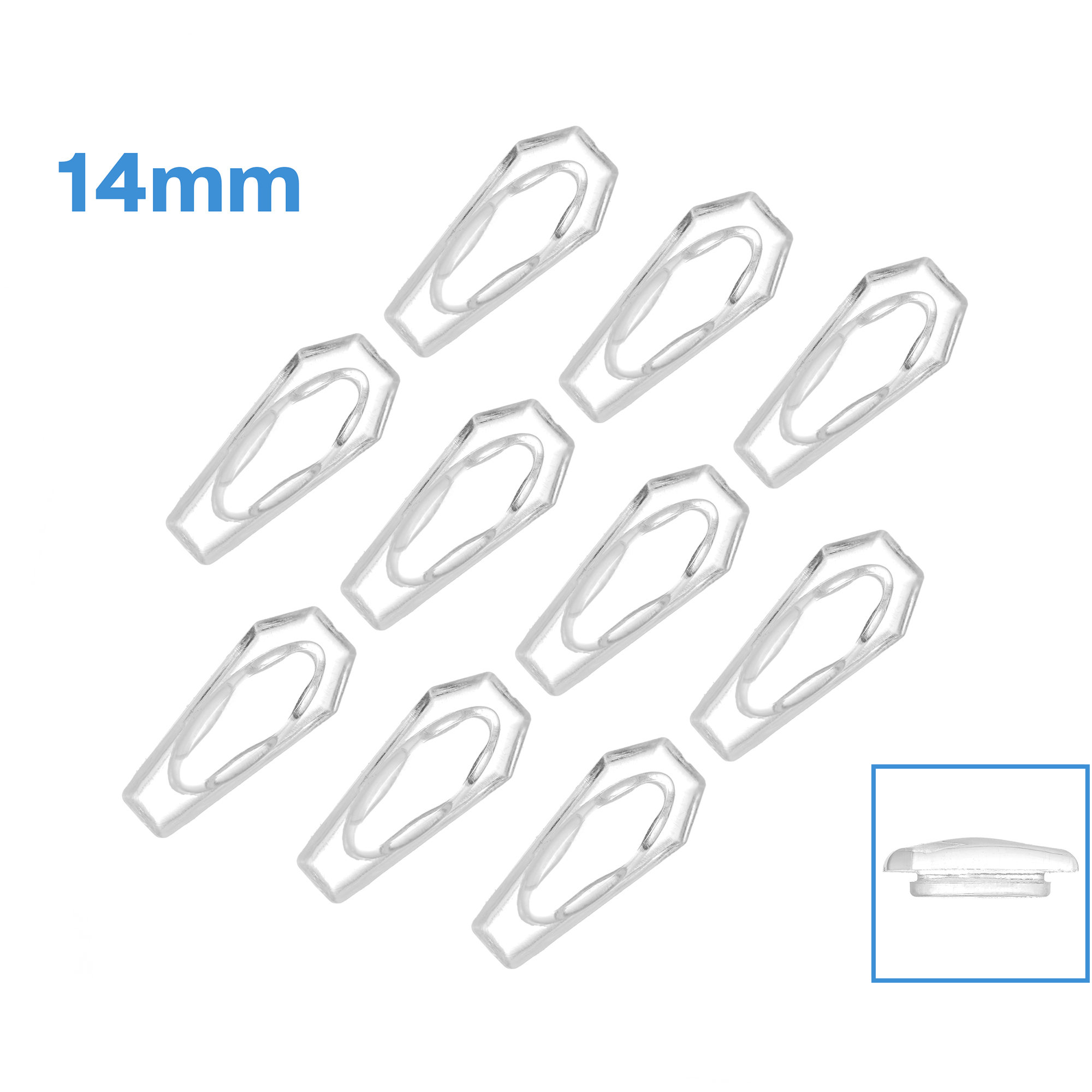 May include: Ten clear plastic hooks, each measuring 14mm in length, are arranged in a staggered pattern. The hooks are shaped like a coffin and have a rounded top. A single hook is shown in a separate image, demonstrating its size and shape.