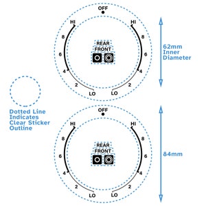 May include: Diagram of a knob with two settings: rear and front. The knob has a dotted line outline, indicating a clear sticker. The knob has a diameter of 6.3 cm (2.48 inches).