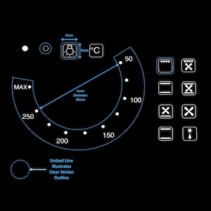 Puede incluir: Un mando de horno blanco con fondo negro y una escala de puntos de 50 a 250 grados centígrados. El mando tiene un pequeño círculo blanco en el centro y un círculo blanco con un punto negro en el lado izquierdo. El mando está etiquetado con "MAX" en el lado izquierdo. El mando está rodeado de un contorno blanco. El mando también está etiquetado con "Diámetro interior: 48 mm" y "9 mm" en el lado derecho. El mando también está etiquetado con "9 mm" en la parte superior. El mando también está etiquetado con "°C" en el lado derecho.