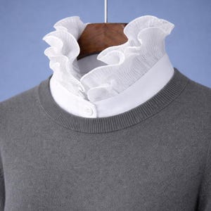 White Ruffle Classic Satin False Upright Collar Design For Women Girls Ladies Collared Button Turtle Neck Top Blouse Turtleneck Shirt Bust image 5