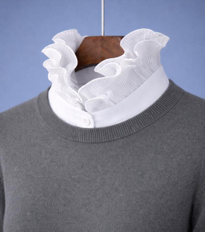 White Ruffle Classic Satin False Upright Collar Design For Women Girls Ladies Collared Button Turtle Neck Top Blouse Turtleneck Shirt Bust image 5