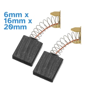 May include: Two black carbon brushes with copper wire springs and gold-coloured metal connectors. The brushes are 6mm x 16mm x 20mm.