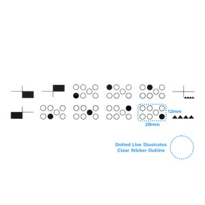 Pode incluir: Diagrama mostrando diferentes tamanhos de adesivos transparentes com pontos pretos. A linha pontilhada ilustra o contorno do adesivo. Os tamanhos dos adesivos são 12 mm e 20 mm.