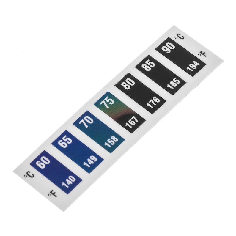 May include: A white adhesive temperature strip with a blue, green, and black color gradient. The strip has markings in both Fahrenheit and Celsius, ranging from 60&deg;F to 194&deg;F and 15&deg;C to 90&deg;C.