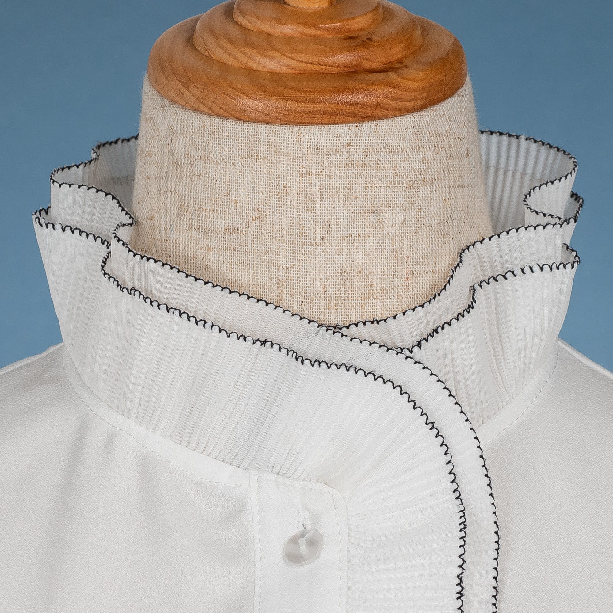 White Layered Ruffled High Neck Crepe Polyester False Collar Black Trim ...