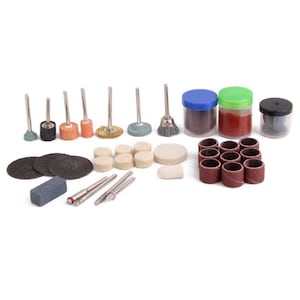 May include: A set of rotary tool accessories in various colours and materials, including sanding bands, sanding discs, grinding stones, and polishing wheels. The accessories are organised in small containers and are ready to be used with a rotary tool.