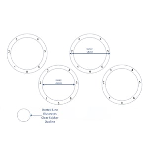 May include: Diagram illustrating the size of a clear sticker with dotted lines. The outer circle measures 54mm in diameter and the inner circle measures 45mm in diameter.