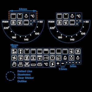 May include: A diagram illustrating the various settings for an oven control knob. The knob has a range of 60 to 220 degrees Celsius. The diagram also shows a variety of symbols for different oven functions, including fan, grill, and timer.