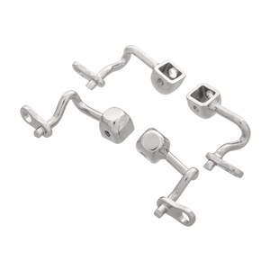 May include: Four silver metal hinges with a square shape at the end of each hinge. The hinges are designed to be used for doors or other applications.