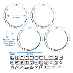 May include: Four black and white oven knob templates with dotted lines outlining the clear sticker area. The knobs are 4.3 cm in diameter. The image also shows a variety of oven control symbols, including temperature, timer, and fan settings.