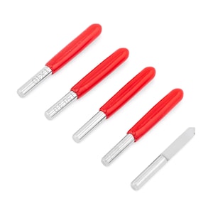 May include: Set of five router bits with red handles, featuring different sizes and shapes. The bits are made of metal with a silver finish. The handles are made of red plastic. The bits are arranged in a row on a white background.