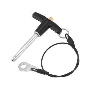 May include: A silver and black quick release pin with a T-shaped handle and a black cord attached to a metal ring.