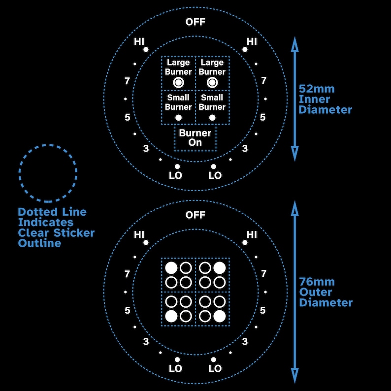 White Print 2 Dials Hilo Lohi Cooktop Burner Self Adhesive Label