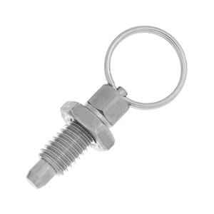 Puede incluir: Un pasador de resorte de metal plateado con un anillo en la parte superior. El pasador tiene un eje roscado y una punta puntiaguda.