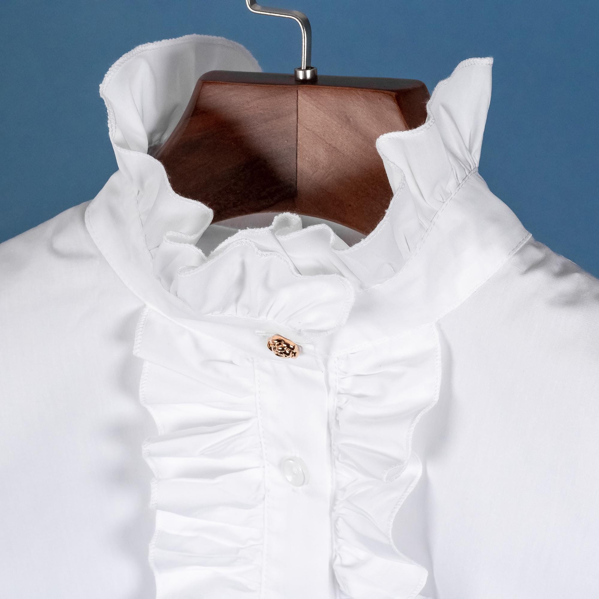 White Ruffle Cotton False Upright Turtle Neck Collar and Ruffled 