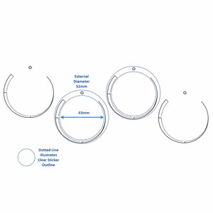 May include: Diagram showing the dimensions of a round sticker. The sticker has an external diameter of 52 mm and an internal diameter of 43 mm. A dotted line illustrates the outline of the sticker.